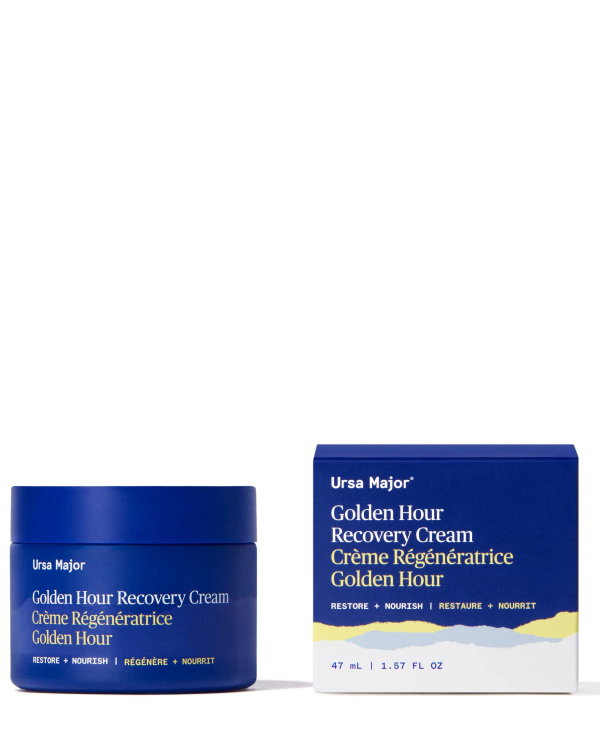 Ursa Major Golden Hour Recovery Cream jar and packaging on a white background
