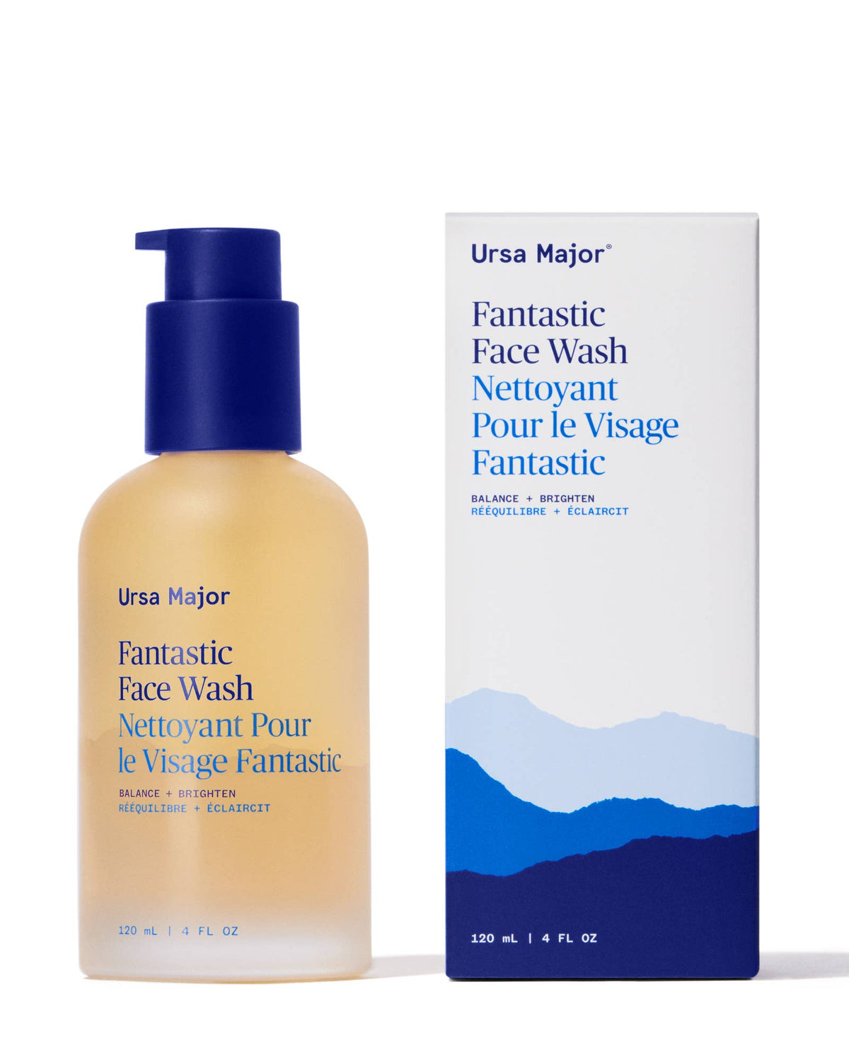 Ursa Major Fantastic Face Wash with pump and packaging on a white background