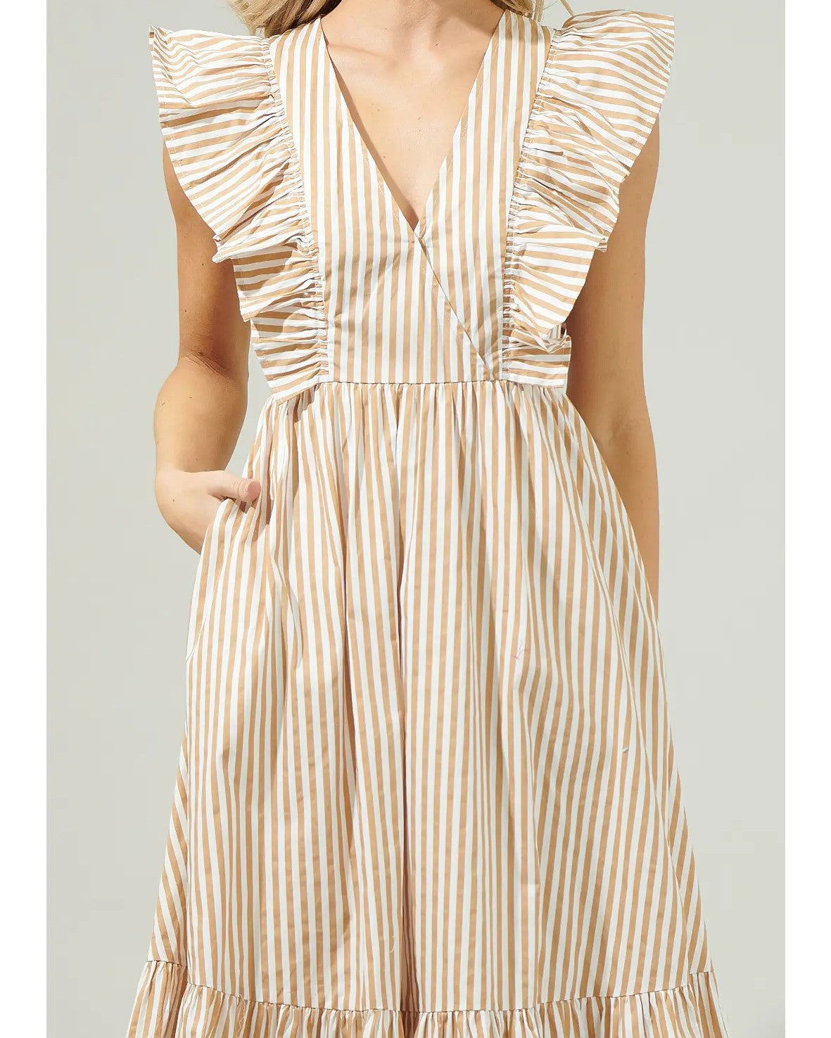 Closeup image of Sugarlips Luna Taupe Striped Midi Dress on a grey background 