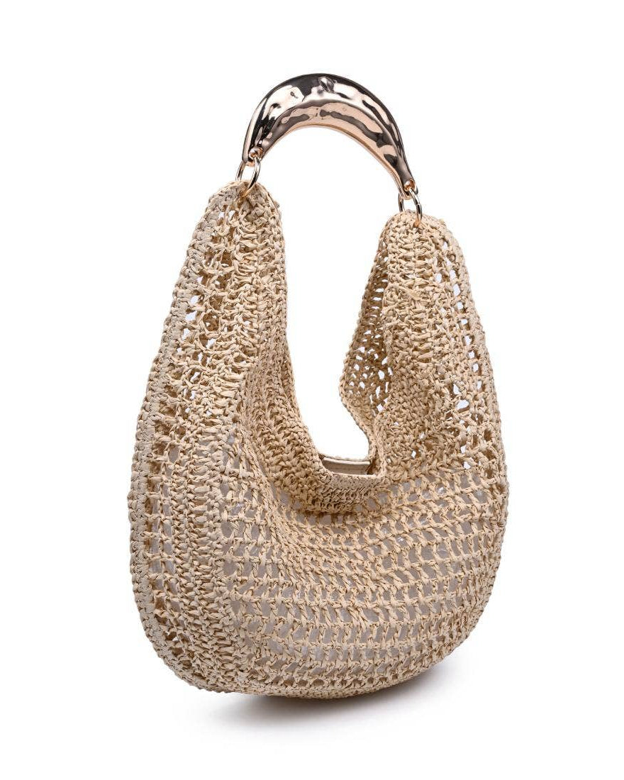 Beige woven handbag with a rose gold handle on a white background