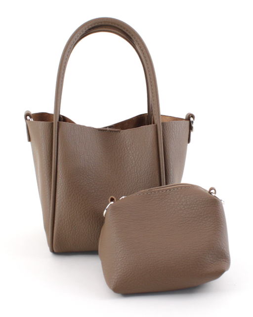 Brown leather handbag with matching pouch on a white background