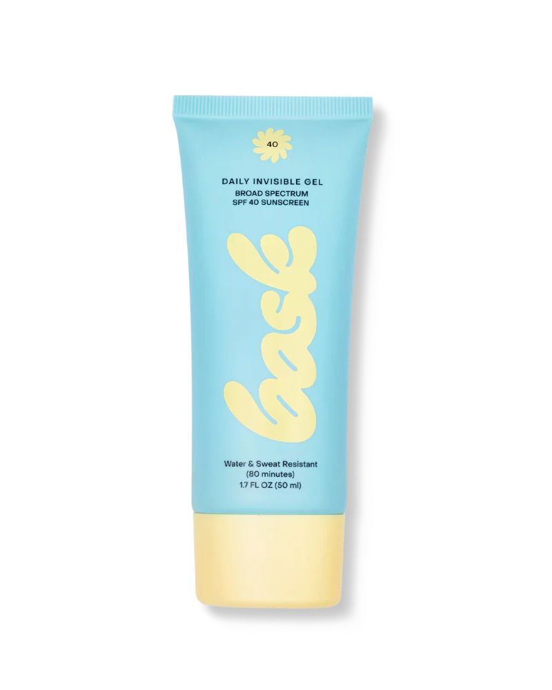 Sunscreen gel tube with blue and yellow packaging on a white background