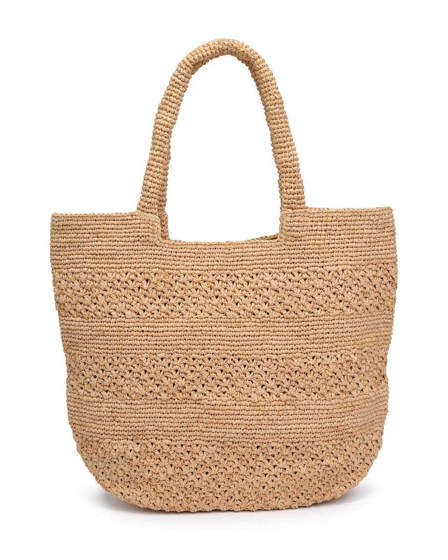 Beige woven handbag on a white background