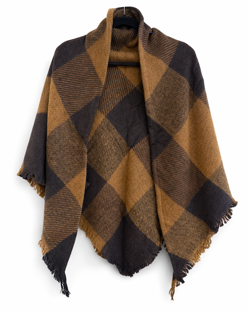 A large plaid wrap shawl with fringed edges, draped over a hanger against a plain white background. The pattern consists of alternating large squares of dark brown and a warm camel-brown.