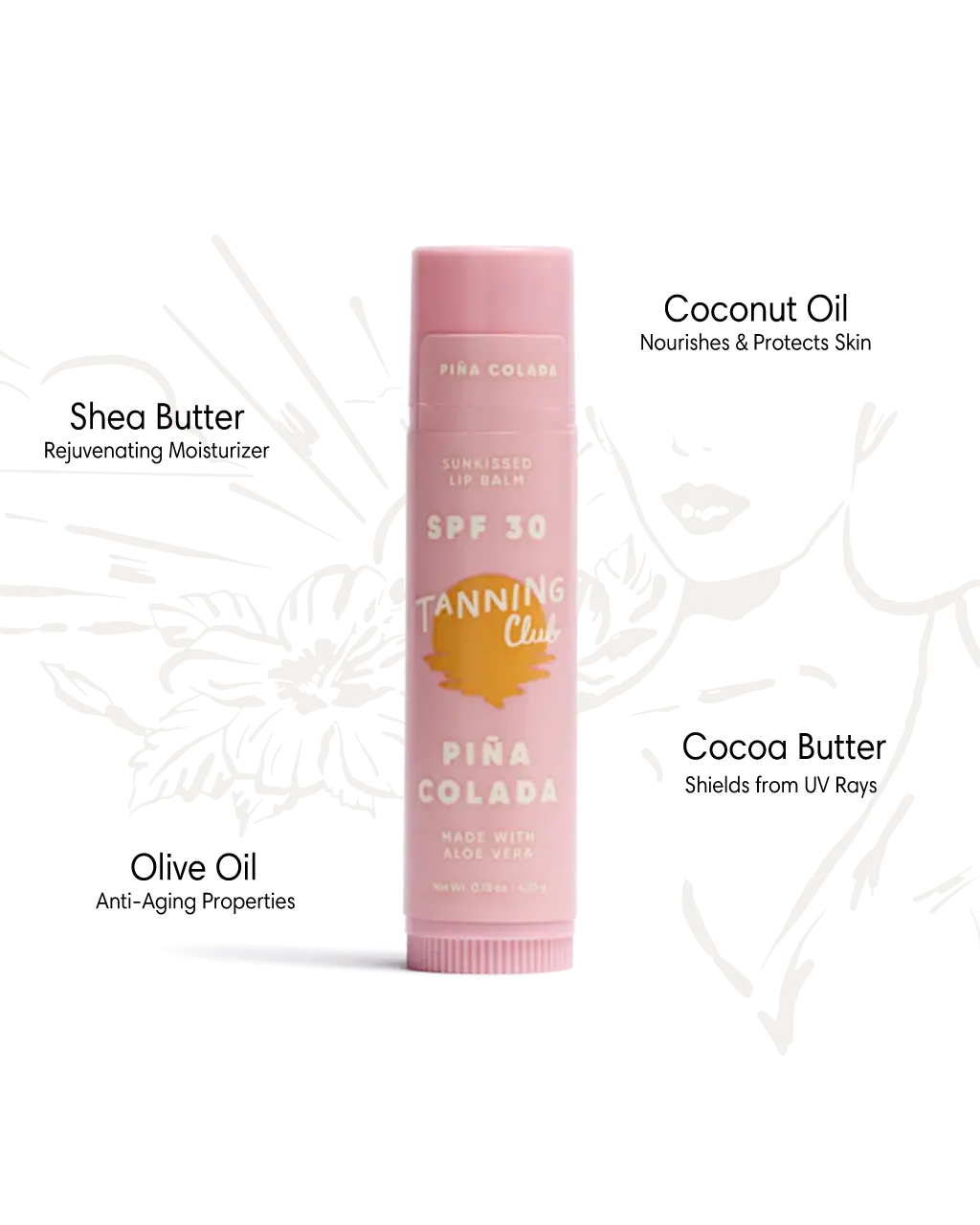 Pink lip balm with text about ingredients and benefits on a white background