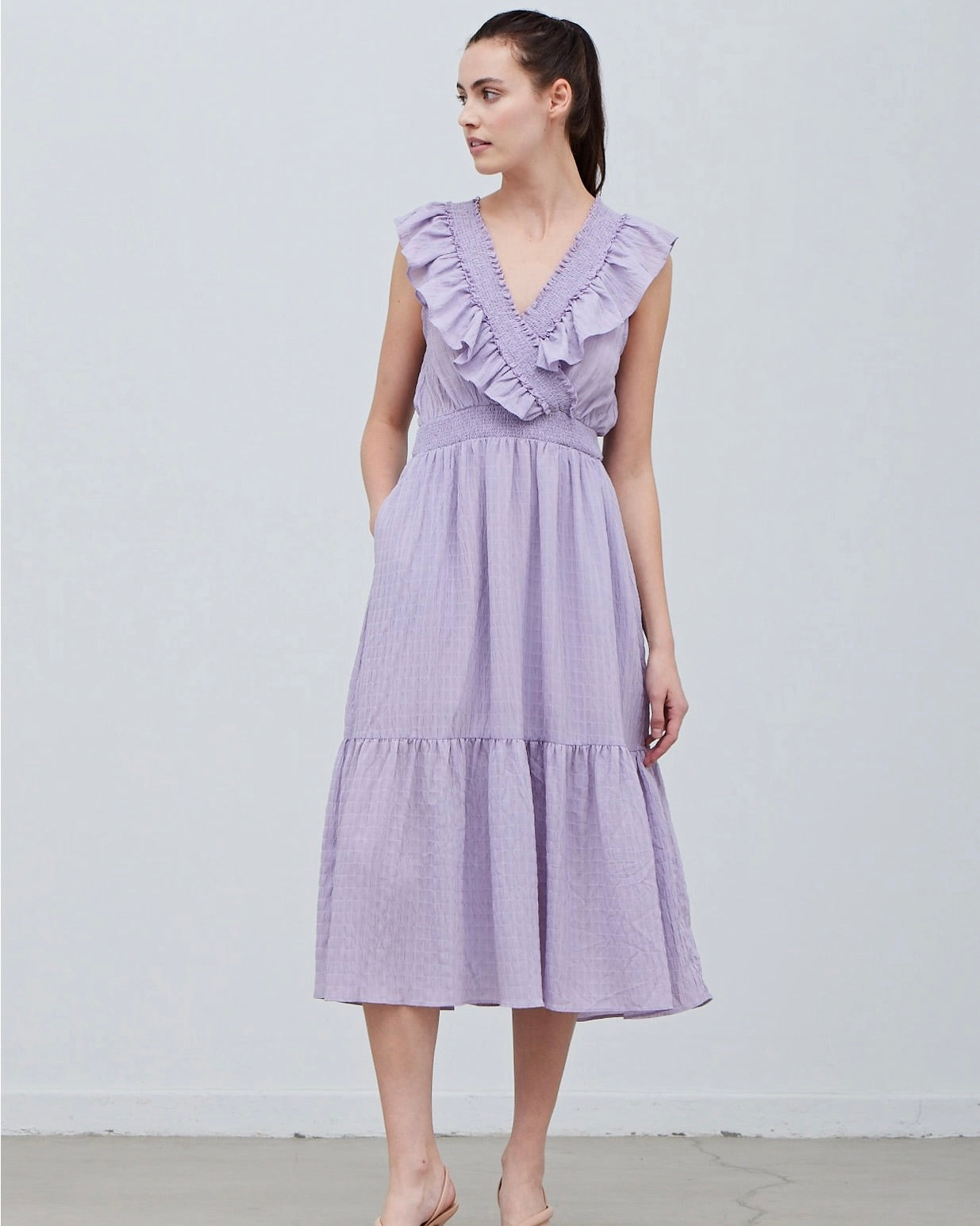 Grade & Gather Smocked Lavender Midi Dress on a white background