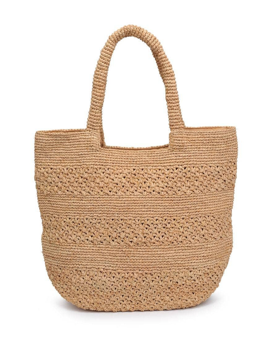 Beige woven handbag on a white background
