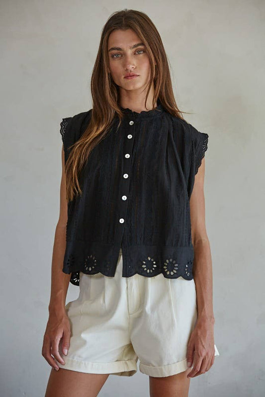 Cotton Eyelet Buttondown S/L Top: Black