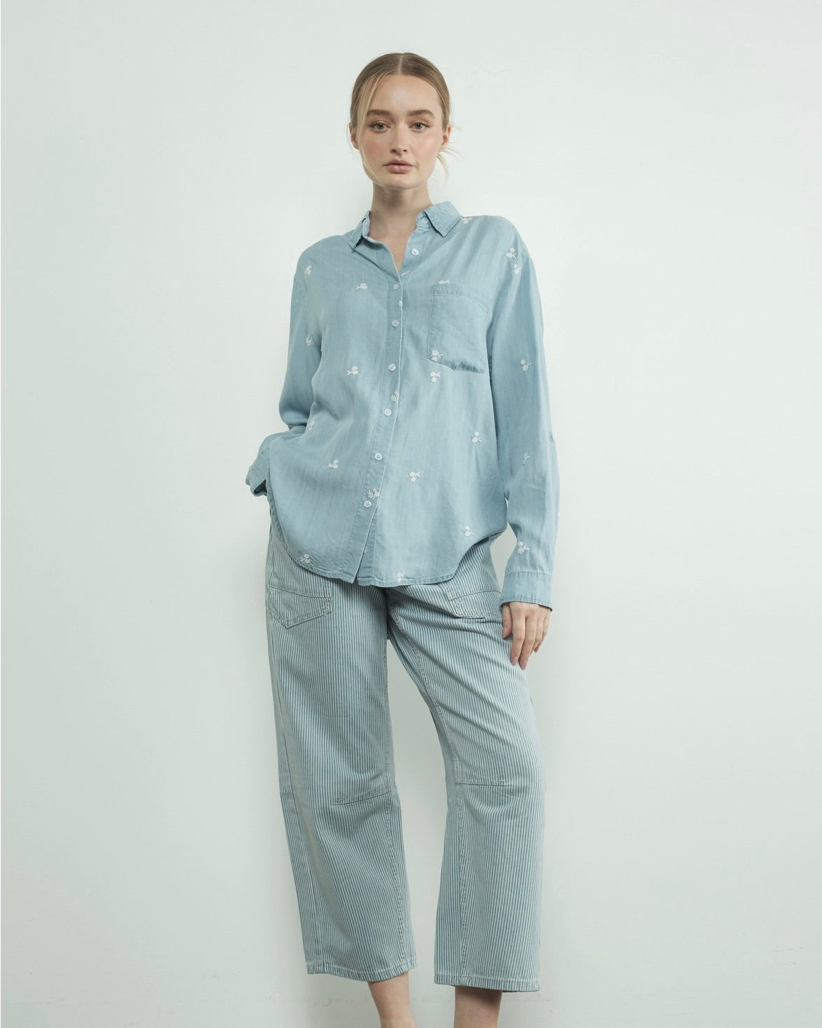 Flower Embroidered Chambray Shirts