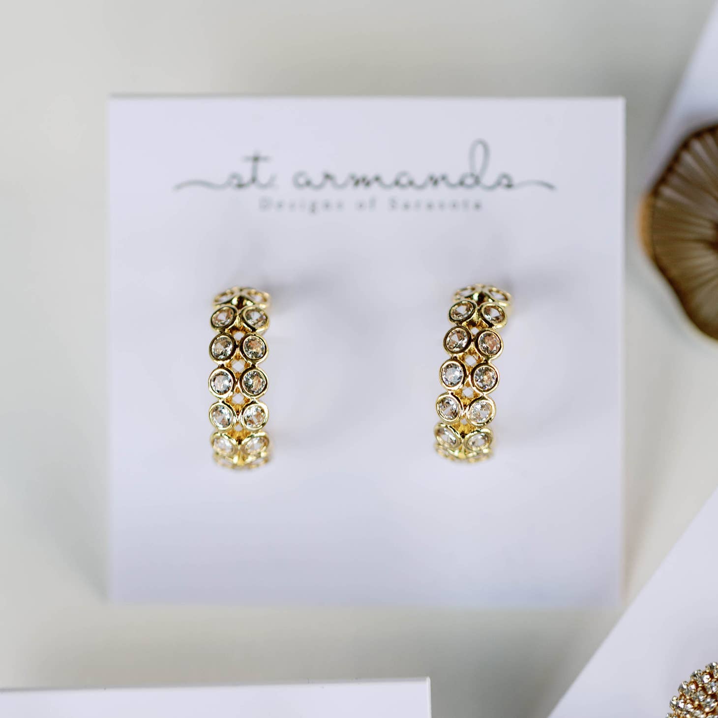 Image of St. Armands double Dimond Chunky Gold Hoops on a white background