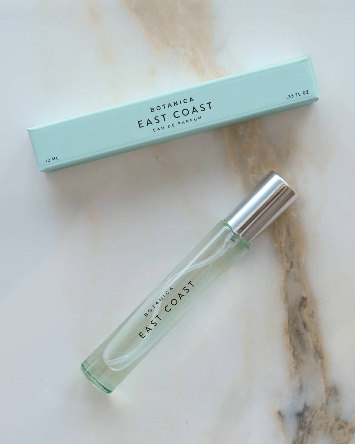 Botanica East Coast perfume bottle and packaging on a marble surface