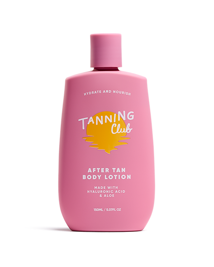 Pink bottle of Tanning Club after tan body lotion on a white background