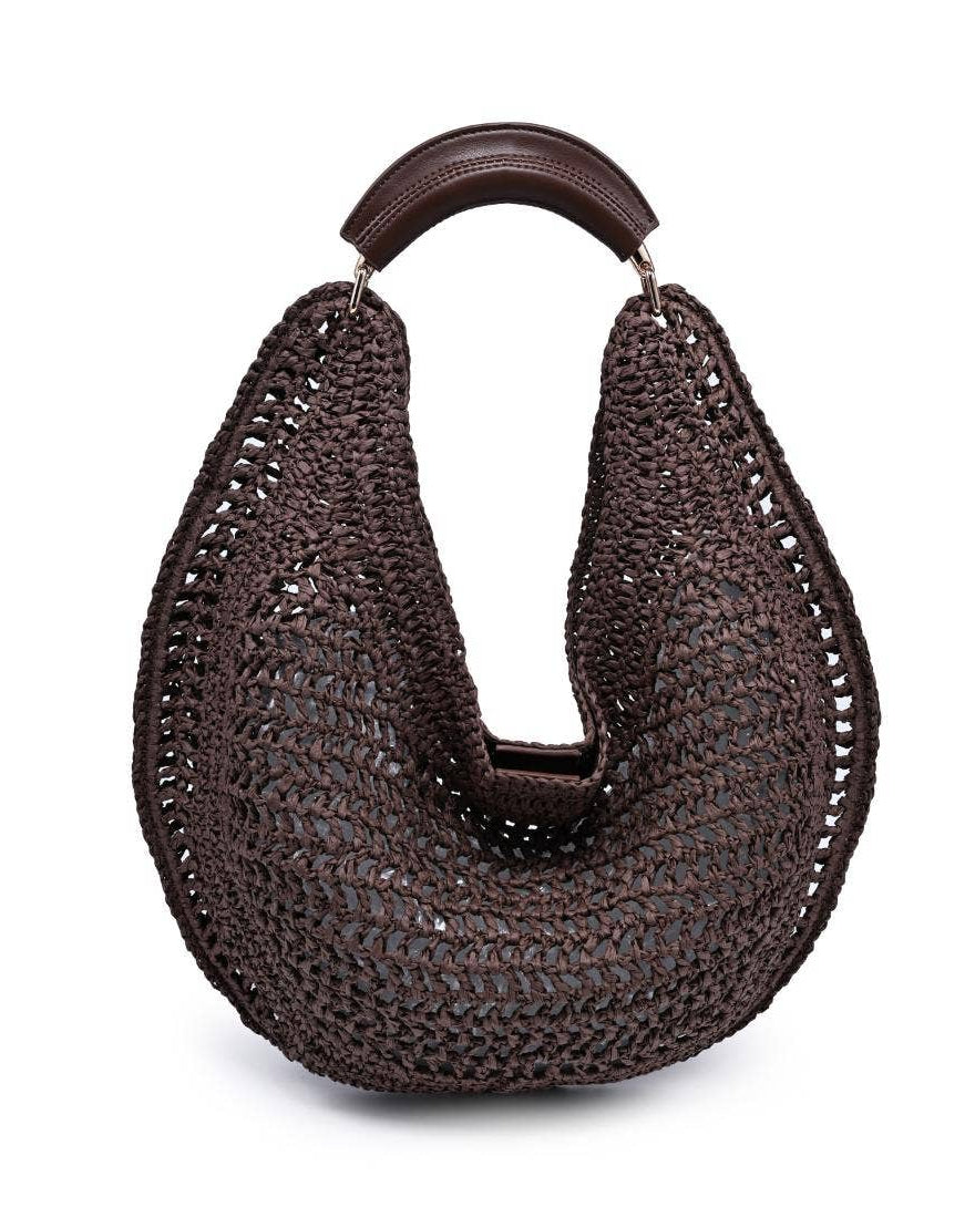 Brown woven handbag with a wooden handle on a white background