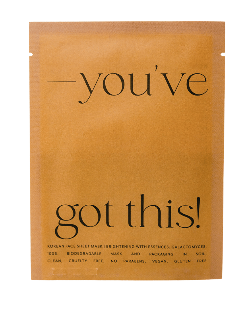 Brown face mask packaging with 'you've got this!' text on a white background