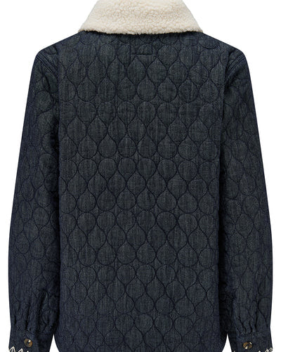 Navy quilted jacket with white sherpa lining on a white background