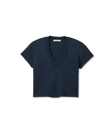 Navy blue V-neck t-shirt on a white background
