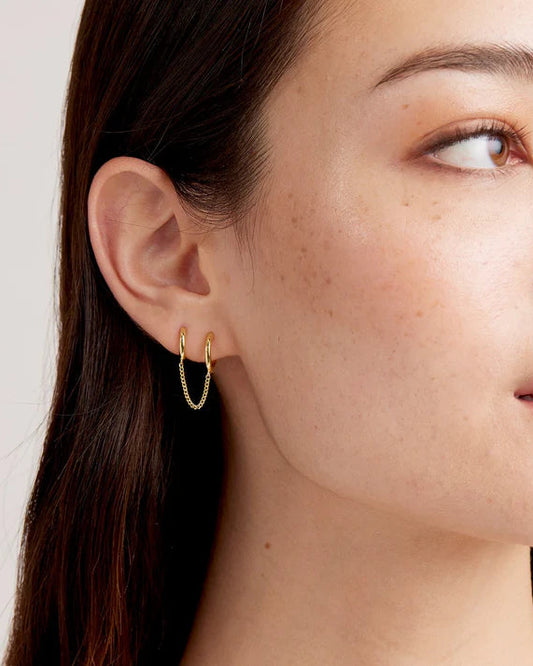 Close-up of a woman wearing gold hoop earrings against a neutral background