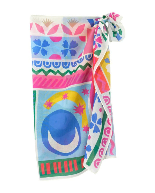 Colorful towel with geometric patterns on a white background