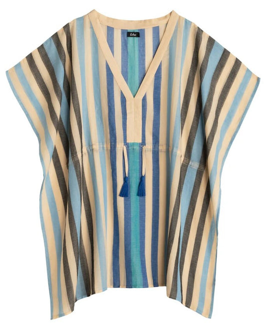 Striped top with a V-neck and tassel details on a white background