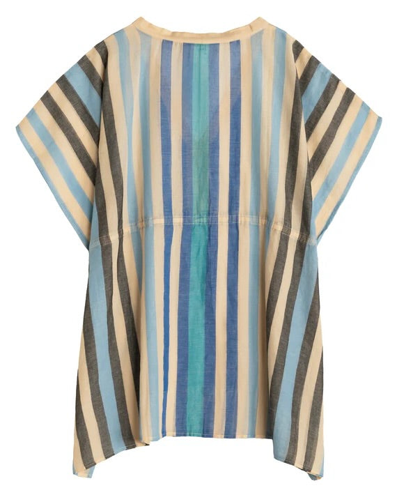Striped shirt with a mix of blue, beige, and brown colors on a white background