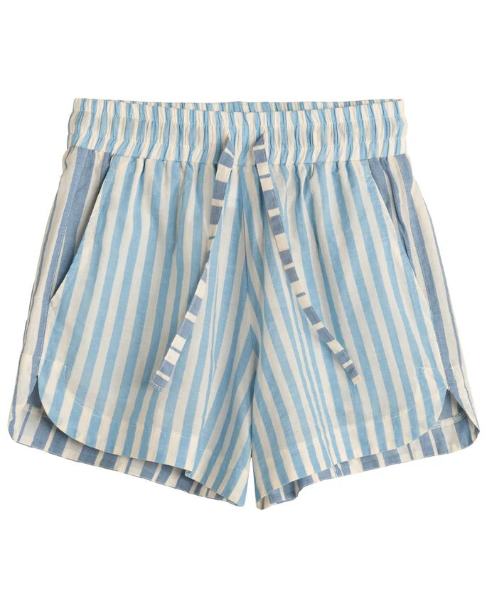 Blue and white striped shorts on a white background