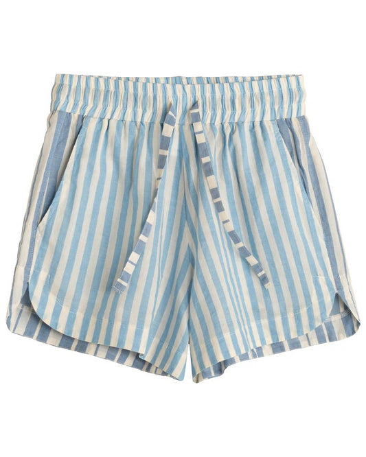 Blue and white striped shorts on a white background