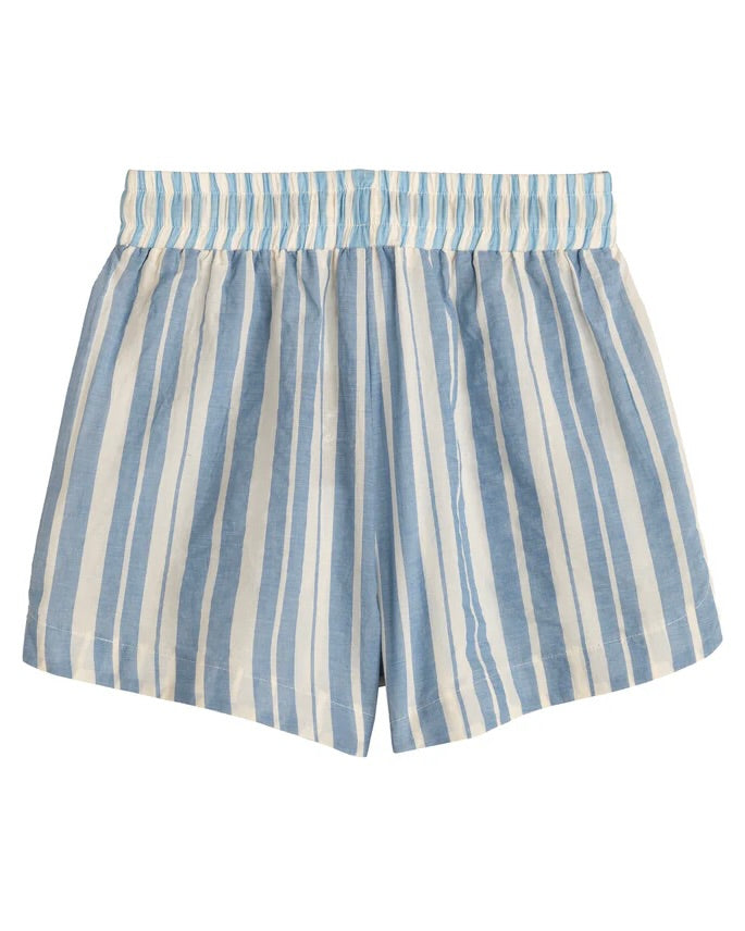 Blue and white striped shorts on a white background