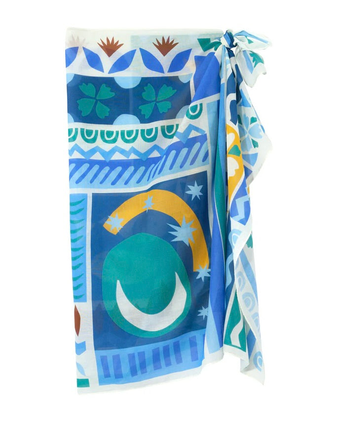 Colorful patterned scarf with geometric design on a white background