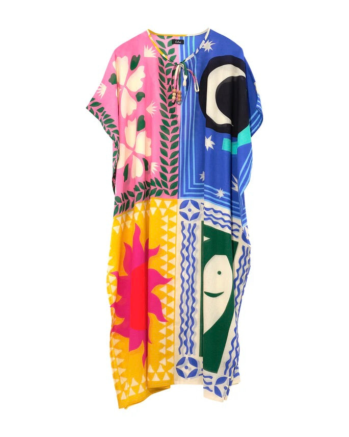 Colorful dress with abstract patterns on a white background