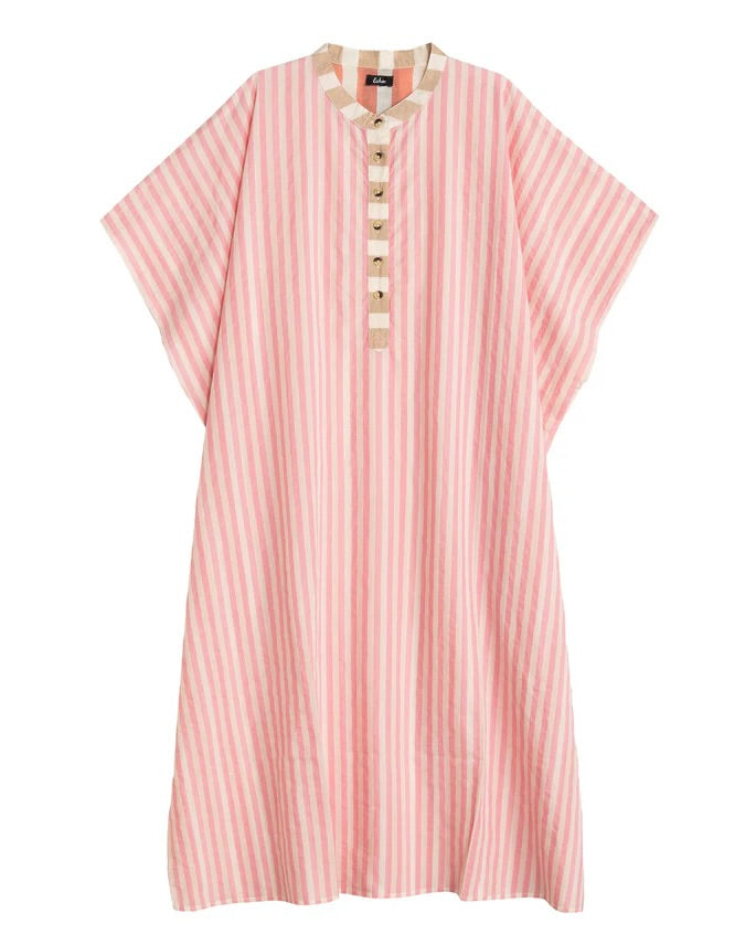 Pink and white striped dress with a collar on a white background