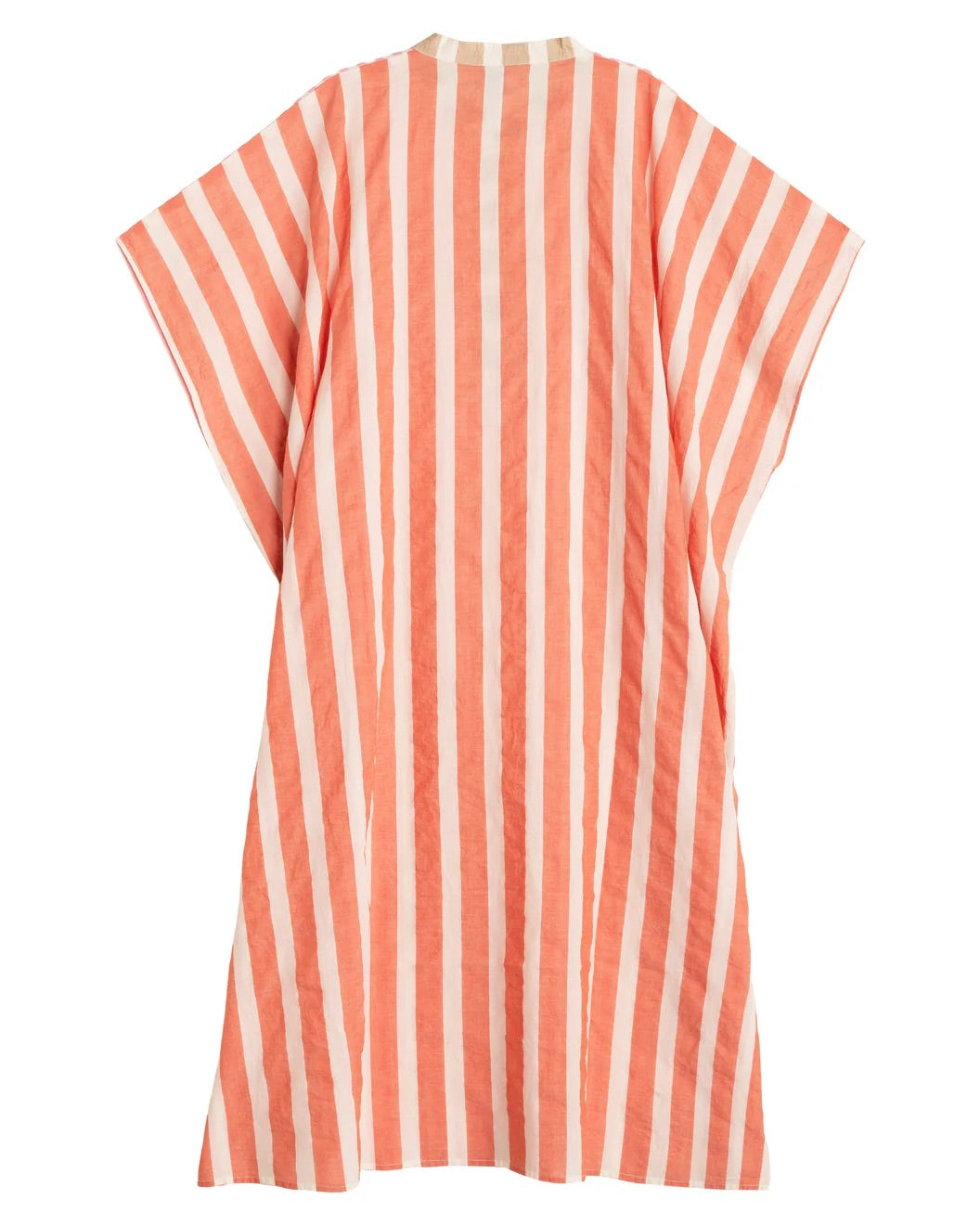 Striped dress with pink and white vertical stripes on a white background