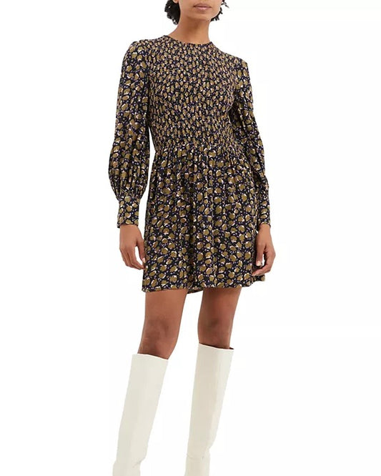 French Connection Ingrid Colette Crepe LS Dress in blackout wearing white boots on a white background 