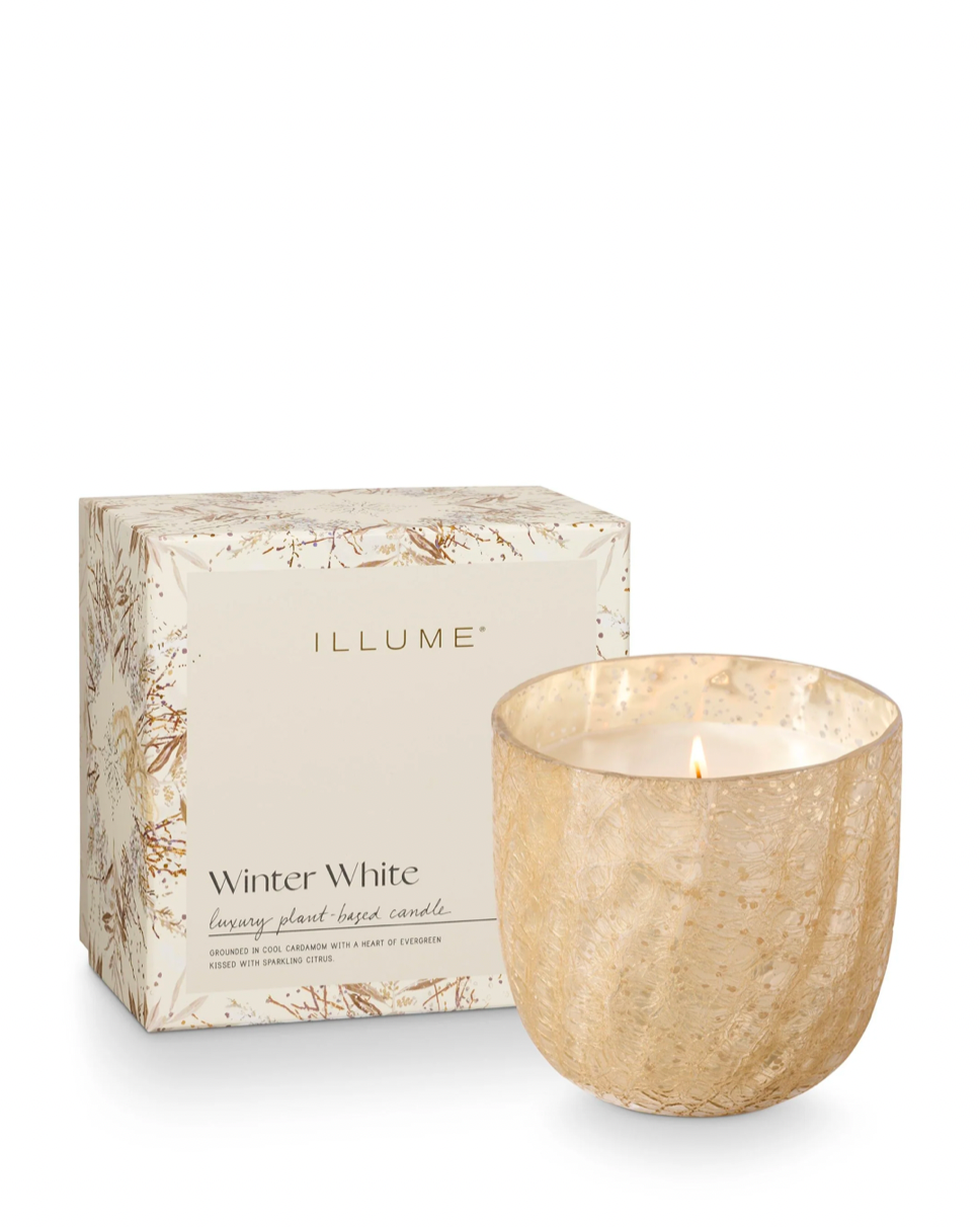 Image of ILLUME Winter Large boxed crackle glass candle on a white background