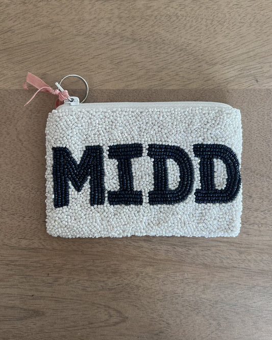 Image of Middlebury College baseball White/Navy coin purse on a brown background