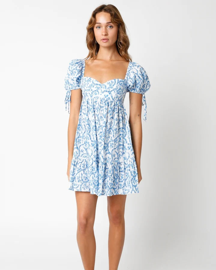 Model wearing Olivaceous Jessie White and blue floral babydoll dress on a white background
