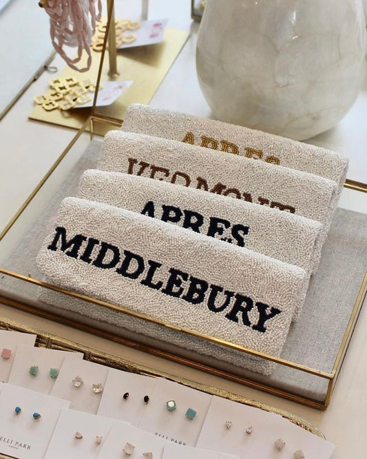 Middlebury College snow bowl "Apres Anyone? Snow bowl letters inside clutch