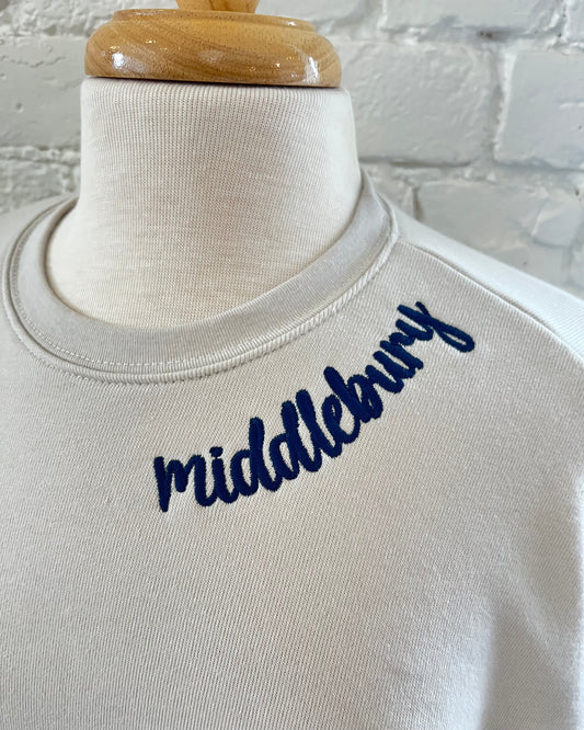 Image of sweatshirt with Middlebury embroidered Middlebury Vermont blue stitch 