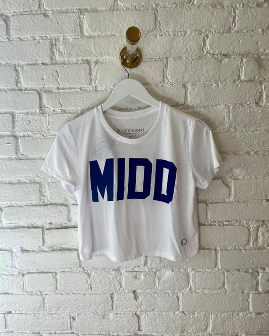 Image of MIDD Tee "Middlebury College" hanging on hanger on a white background