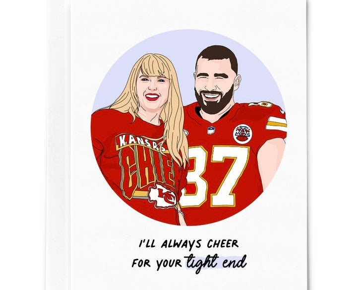 Image of Taylor Swift and Travis Kelce valentines day card on a white background