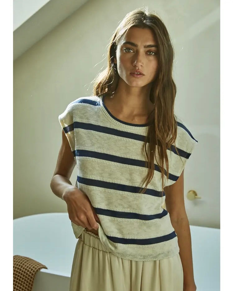 By Together Knit Hacci Striped Round Neck Sleeveless Top