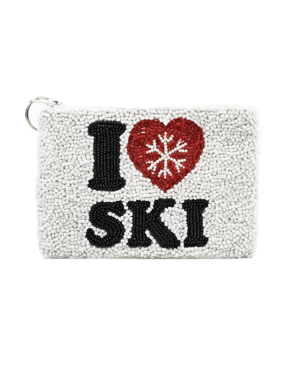 I LOVE SKI coin purse in white with a red heart and snow flake in the middle on a white background 