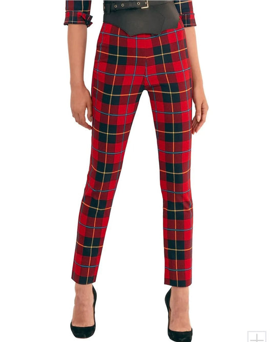 Model wearing Gretchen Scott Red  Plaid Gripeless Pant wearing black shoes on a white background