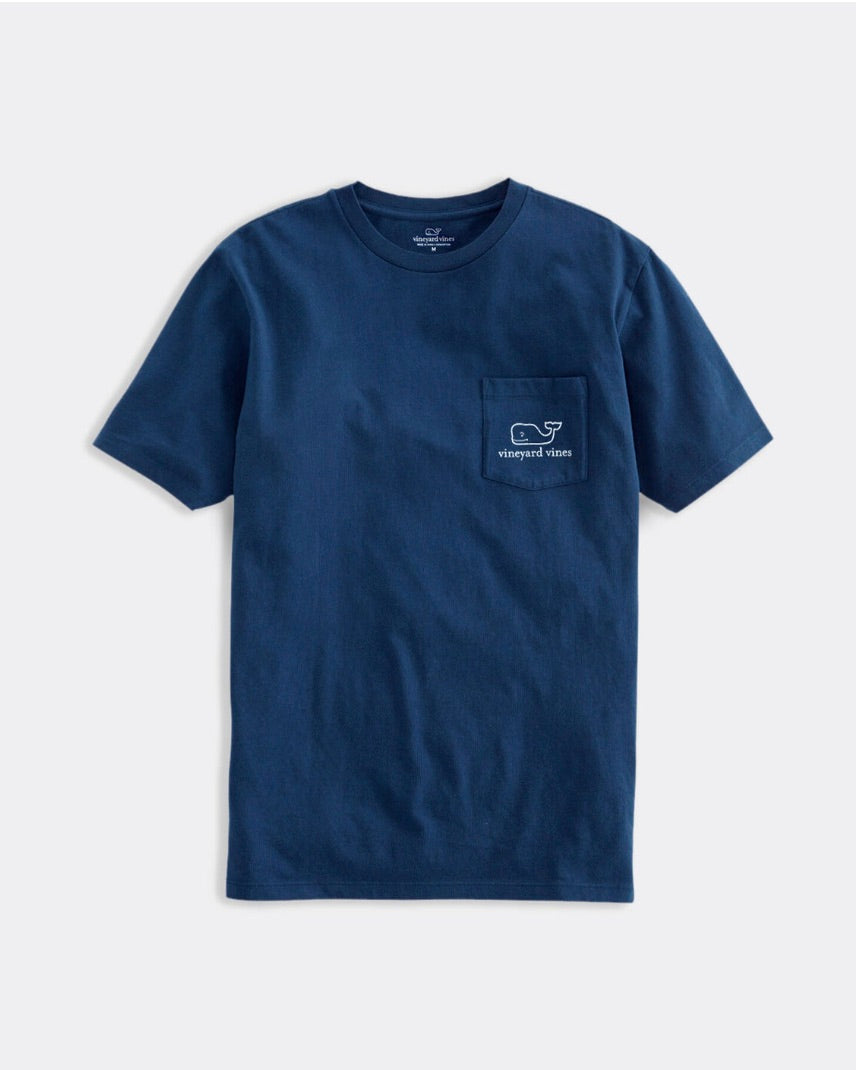 Image of Vineyard Vines Short Sleeve Whale Pocket Tee in blue on a white background