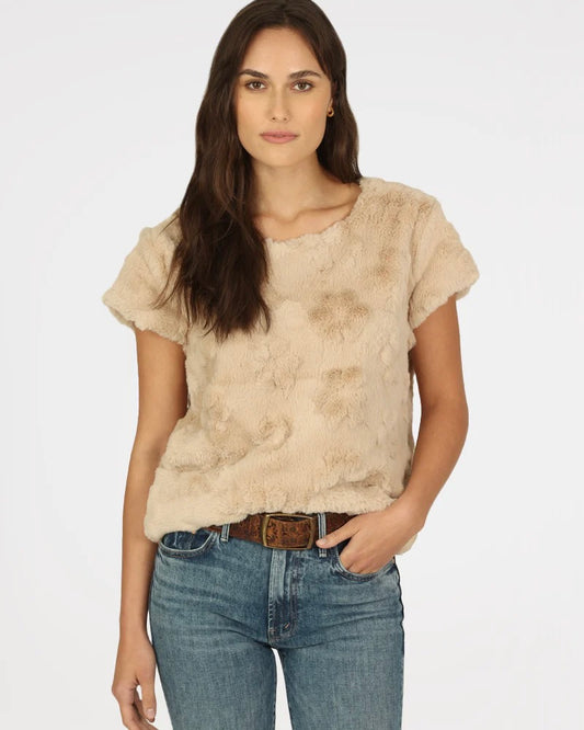 Model wearing Dylan Grace Top Lining wearing blue jeans on a white background