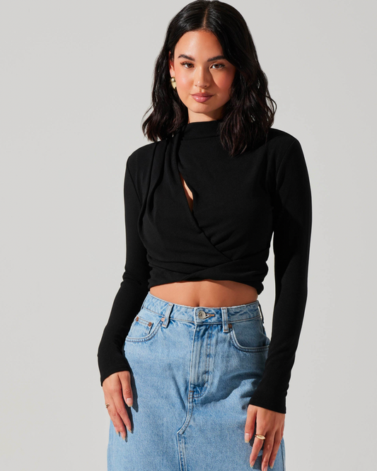 ASTR The label Pleated Cut Out Mock Neck wearing Jean skirt on a white background