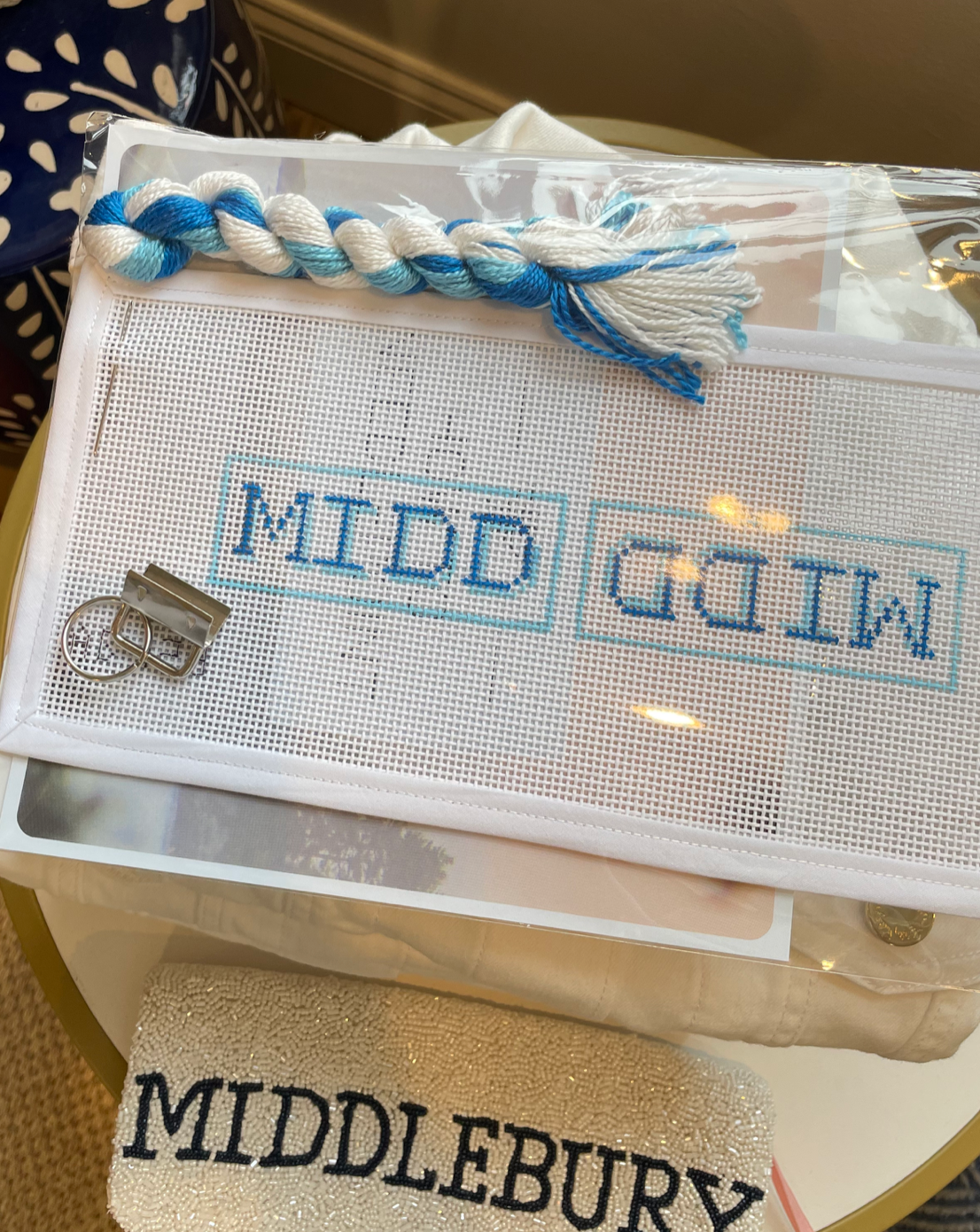 image of Middlebury College "MIDD" key fob needlepoint kit 