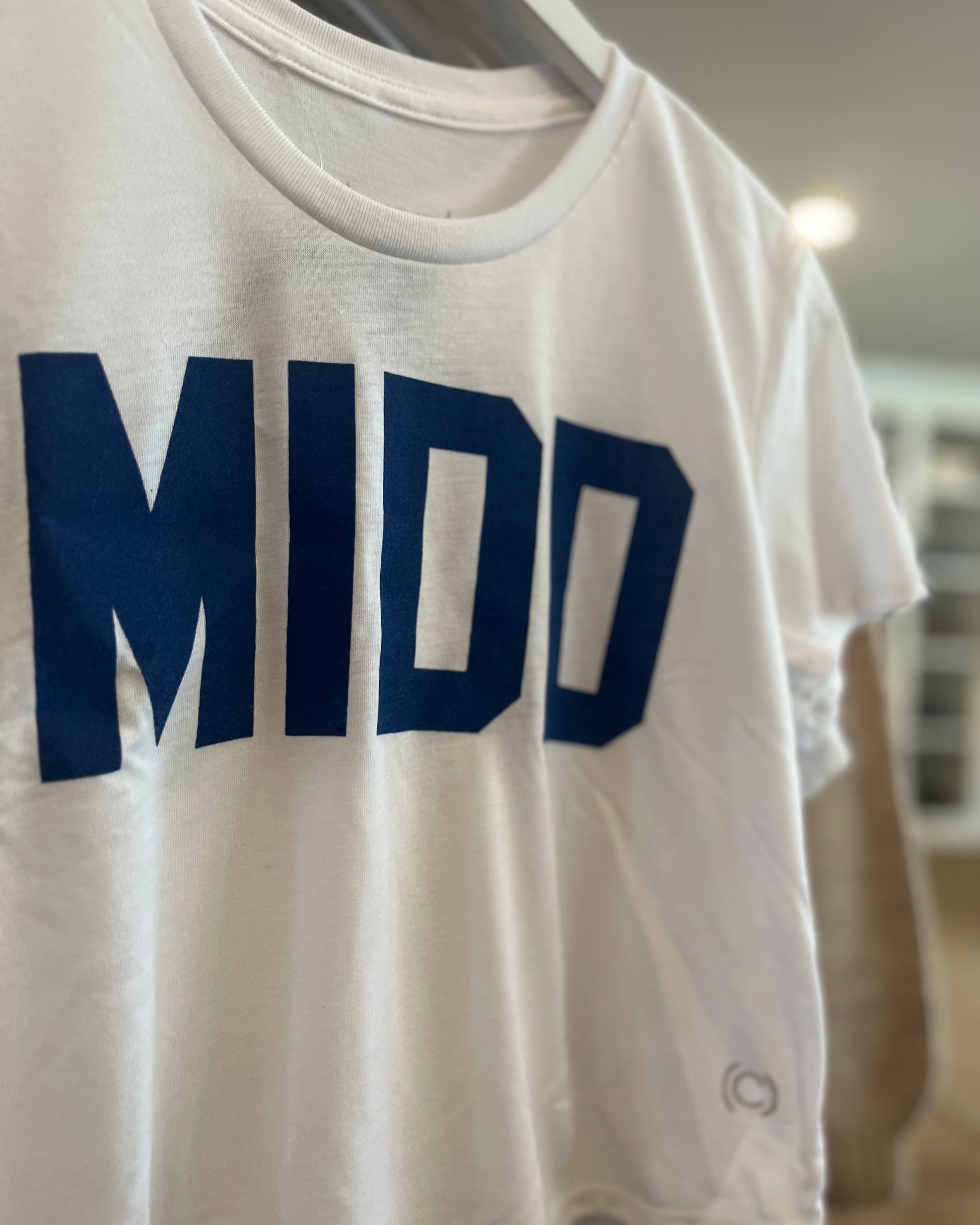 Image of MIDD "Middlebury College" Crop White Tee With Blue letters 