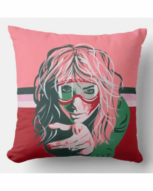 Taylor Swift Skiing Pillow wearing goggles in pink on a white background
