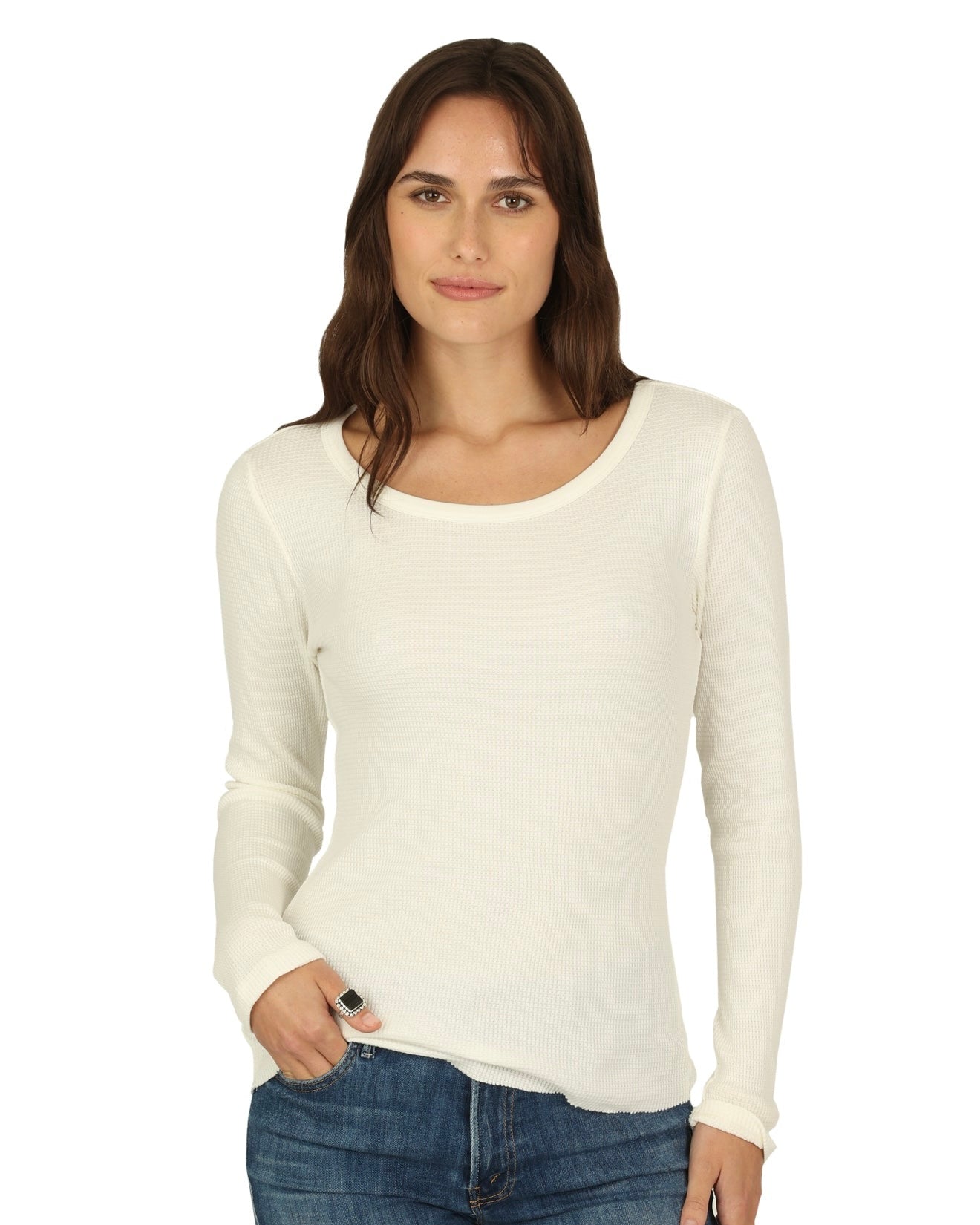 Model wearing Dylan Waffle Ballet long sleeve white crew wearing jeans on a white background
