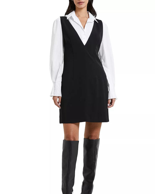 Woman wearing French Connection Blackout Harry Suiting Mini Dress wearing white shirt and Black boots on a white background